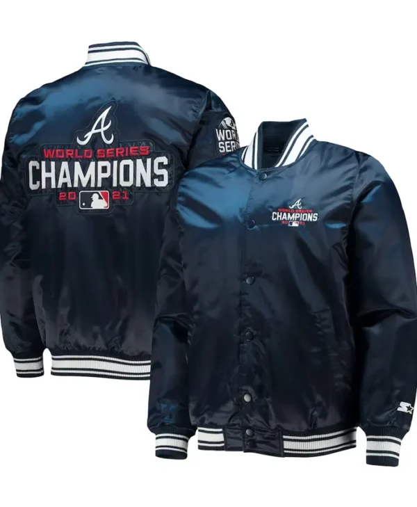 Atlanta Braves Navy Blue Satin Championship Bomber Jacket