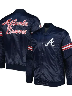 Atlanta Braves Satin Navy Blue Full Snap Bomber Jacket
