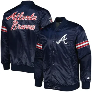 Atlanta Braves Satin Navy Blue Full Snap Bomber Jacket