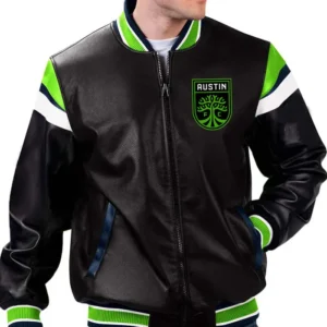 Austin FC Black Leather Bomber Jacket