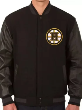 Black Boston Bruins Wool and Leather Varsity Jacket
