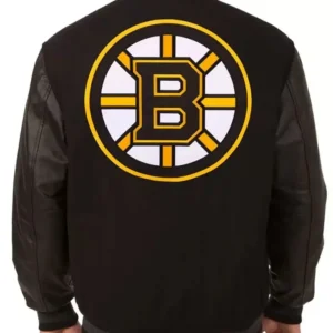 Black Boston Bruins Wool and Leather Varsity Jacket Back