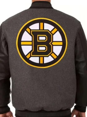 Boston Bruins Grey and Black Varsity Jacket Back