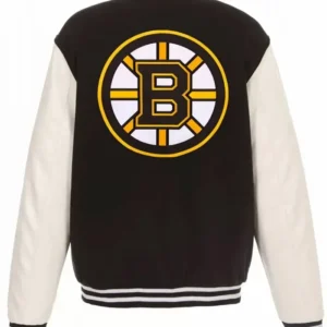 Boston Bruins White and Black Wool Varsity Jacket Back