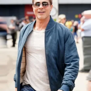 Brad Pitt F1 Blue Bomber Leather Jacket Front