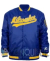 Brewers Blue Satin Full Snap Bomber Jacket front