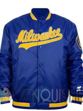 Brewers Blue Satin Full Snap Bomber Jacket front