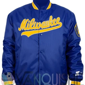 Brewers Blue Satin Full Snap Bomber Jacket front
