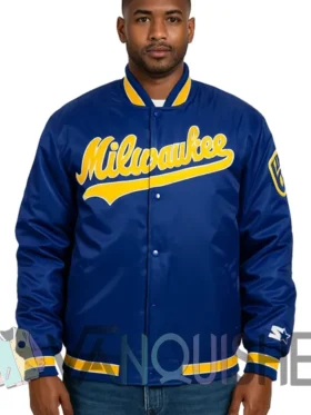 Brewers Blue Satin Full Snap Bomber Jacket frontt