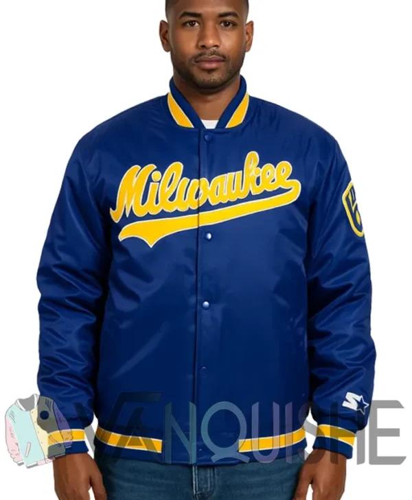 Brewers Blue Satin Full Snap Bomber Jacket frontt