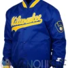 Brewers Blue Satin Full Snap Bomber Jacket left