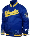 Brewers Blue Satin Full Snap Bomber Jacket left
