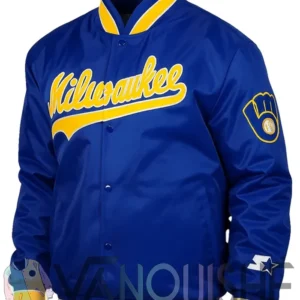 Brewers Blue Satin Full Snap Bomber Jacket left