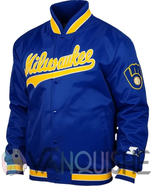 Brewers Blue Satin Full Snap Bomber Jacket left