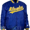 Brewers Blue Satin Full Snap Bomber Jacket right
