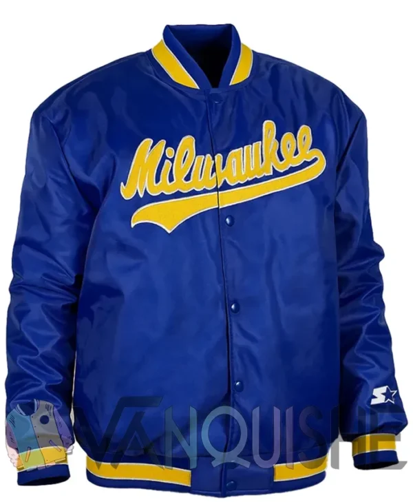 Brewers Blue Satin Full Snap Bomber Jacket right