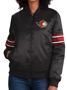 Brian NHL Ottawa Senators Striped Black Satin Varsity Jacket