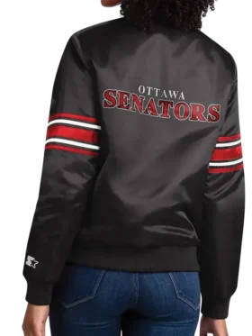 Brian NHL Ottawa Senators Striped Black Satin Varsity Jacket Back