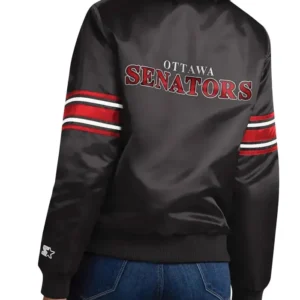 Brian NHL Ottawa Senators Striped Black Satin Varsity Jacket Back