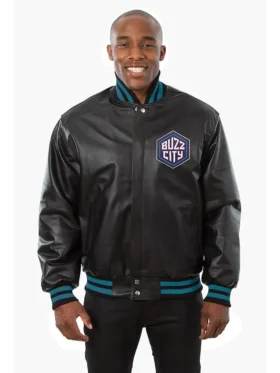 Charlotte Hornets Black Leather Bomber Jacket