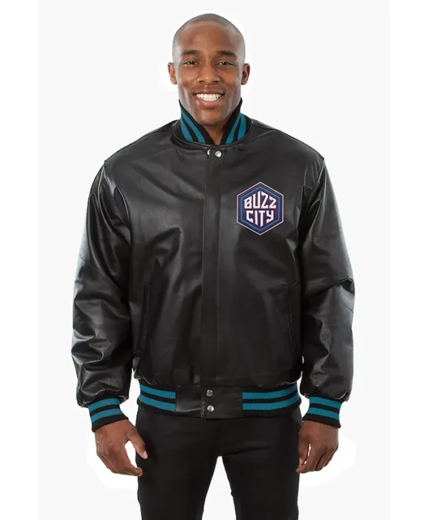 Charlotte Hornets Black Leather Bomber Jacket