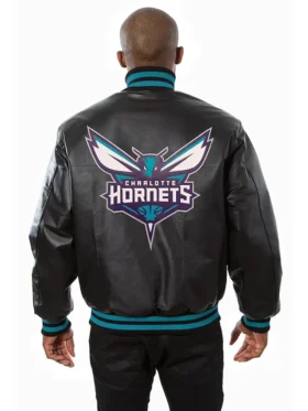Charlotte Hornets Black Leather Bomber Jacket Back