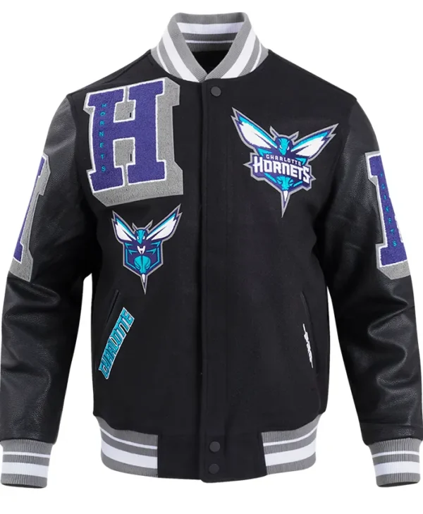 Charlotte Hornets Black Letterman Wool Varsity Jacket