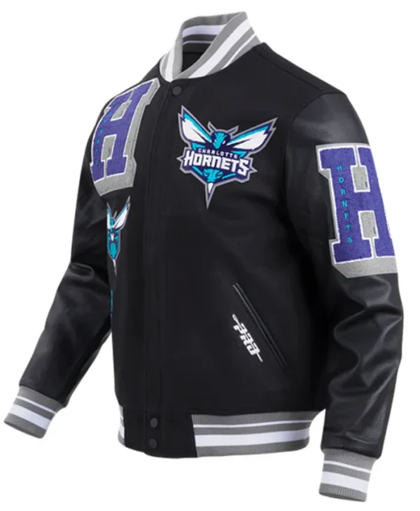 Charlotte Hornets Black Letterman Wool Varsity Jacket Side