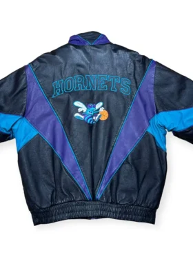 Charlotte Hornets Vintage Black Leather Bomber Jacket Back