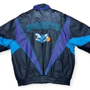 Charlotte Hornets Vintage Black Leather Bomber Jacket Back