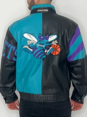Charlotte Hornets Vintage Leather Zipper Jacket Back