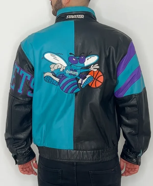 Charlotte Hornets Vintage Leather Zipper Jacket Back