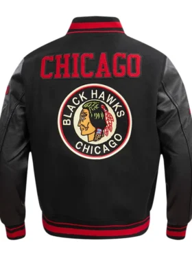 Chicago Blackhawks Black Letterman Jacket Back
