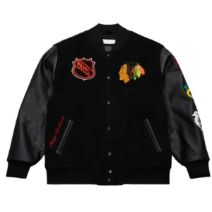 Chicago Blackhawks Wool And Leather Black Varsity Jacket
