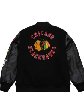 Chicago Blackhawks Wool And Leather Black Varsity Jacket Back