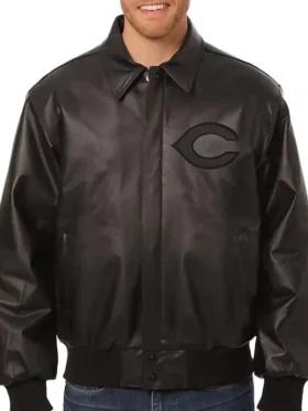 Cincinnati Reds Black Leather Bomber Jacket