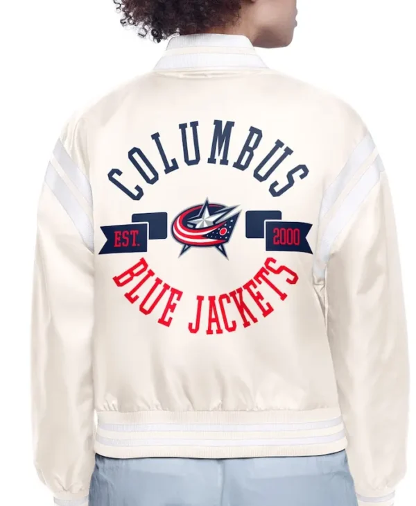 Columbus Blue Jackets White Satin Full Snap Jacket Back