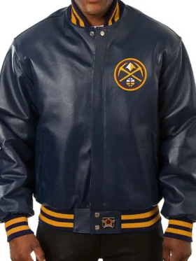 Denver Nuggets Navy Blue Leather Bomber Jacket