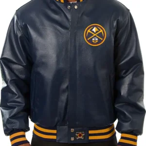 Denver Nuggets Navy Blue Leather Bomber Jacket