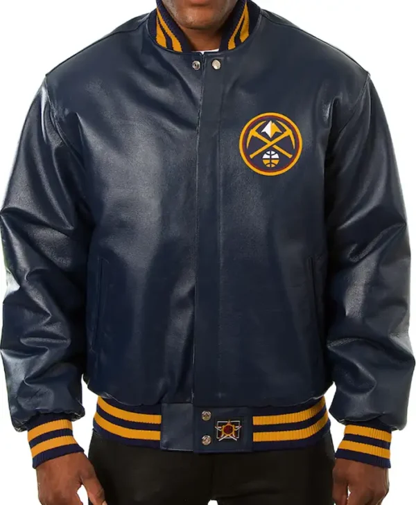 Denver Nuggets Navy Blue Leather Bomber Jacket