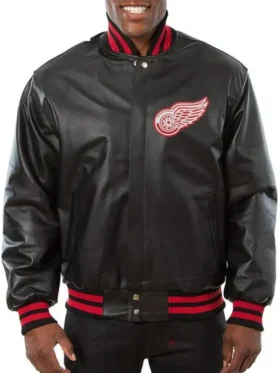 Detroit Red Wings Black Leather Bomber Jacket