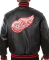 Detroit Red Wings Black Leather Bomber Jacket Back