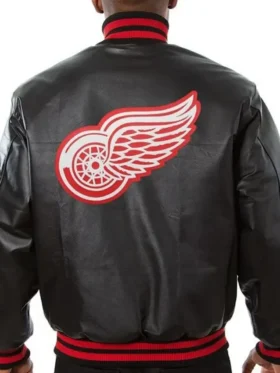 Detroit Red Wings Black Leather Bomber Jacket Back