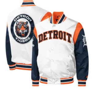 Detroit Tigers Starter Warm Up Pitch White Varsity Satin Jacket