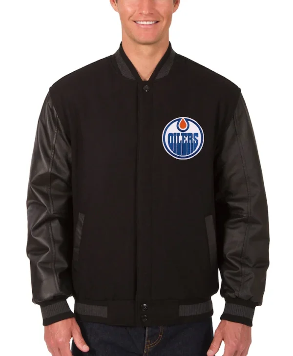 Edmonton Oilers Black Wool And Leather Jacket