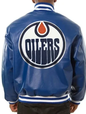 Edmonton Oilers Blue Leather Jacket Back