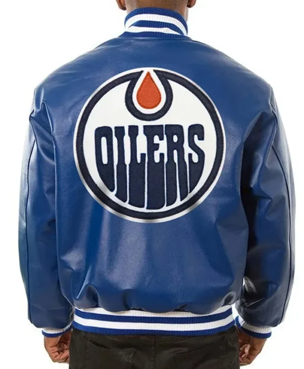 Edmonton Oilers Blue Leather Jacket Back