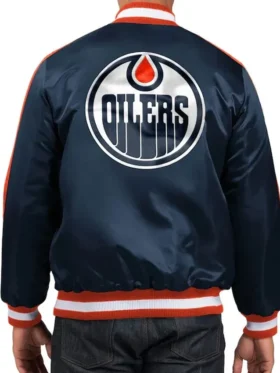 Edmonton Oilers Blue Varsity Satin Jacket Back