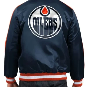 Edmonton Oilers Blue Varsity Satin Jacket Back