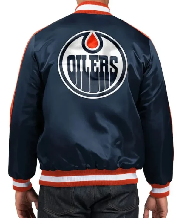 Edmonton Oilers Blue Varsity Satin Jacket Back